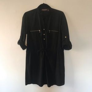 Black shirt dress with gold zippers and drawstring